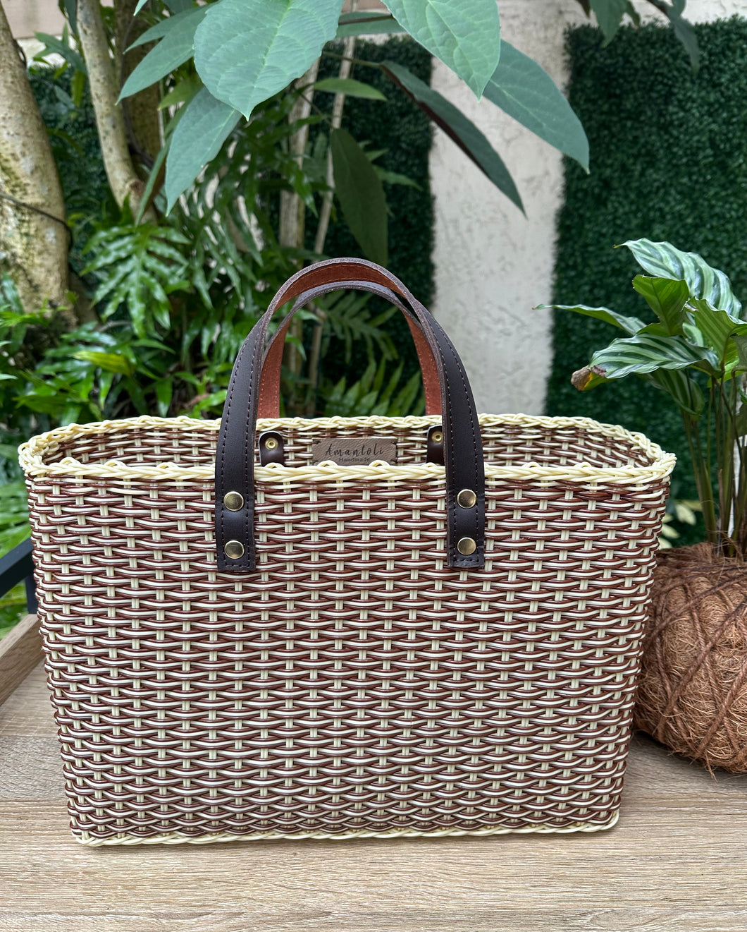 Back in stock!! Crema Brown Triple Weave Handbag / Dark Brown Leather Handles.                                 Coming back soon.