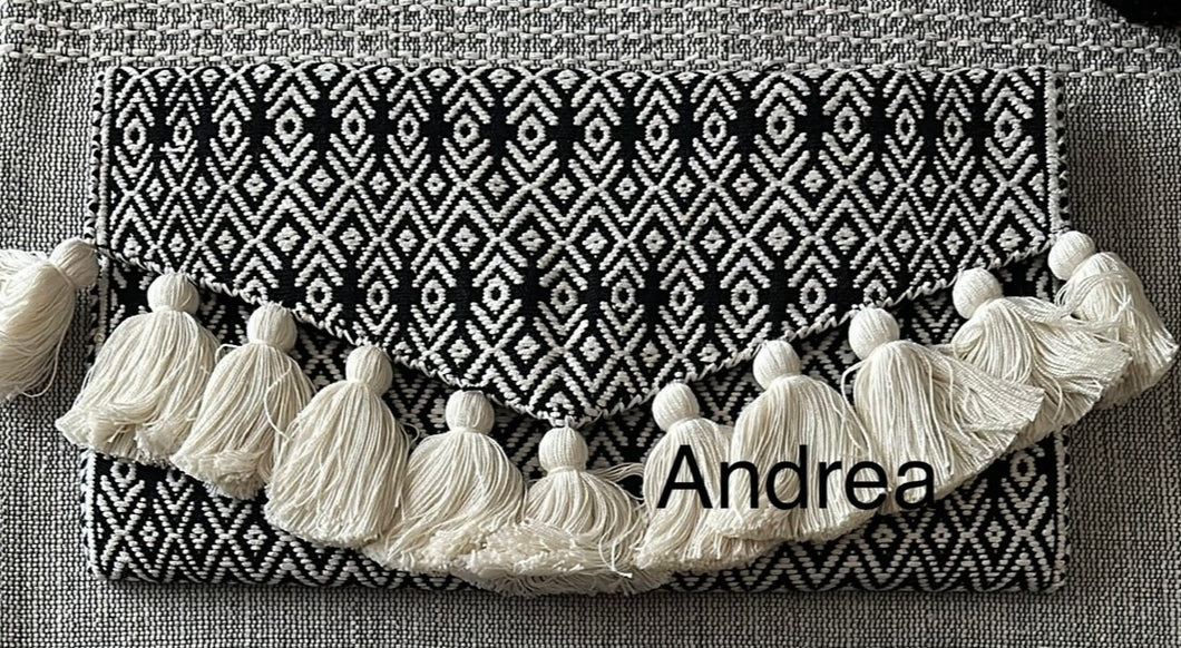 New Andrea handcrafted embroidered clutch purse with white tassels