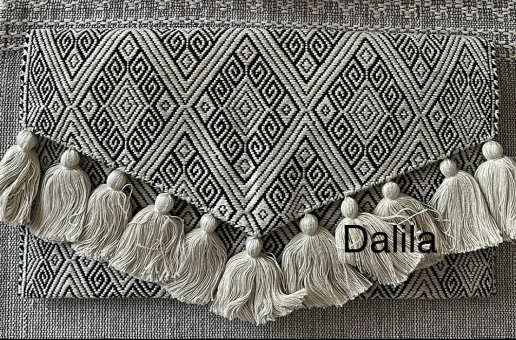 New Dalila handcrafted embroidered clutch purse with off white tassels