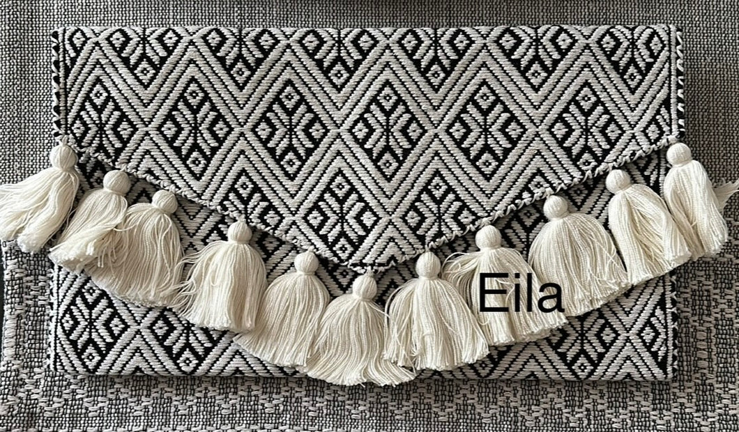 New Eila  handcrafted embroidered clutch purse  with off white tassels