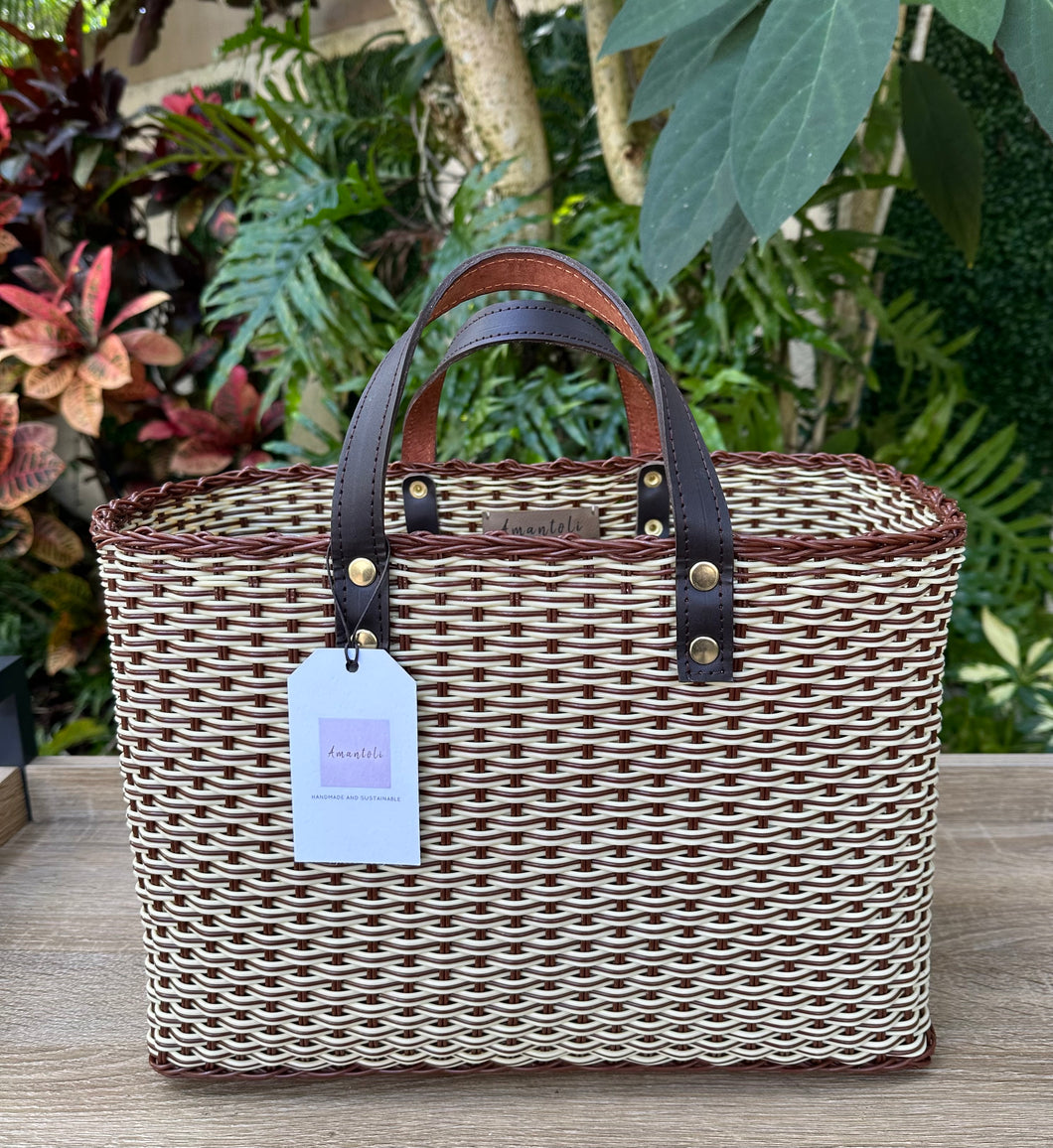 Chocolate Triple Weave Handbag / Dark Brown Leather Handles.